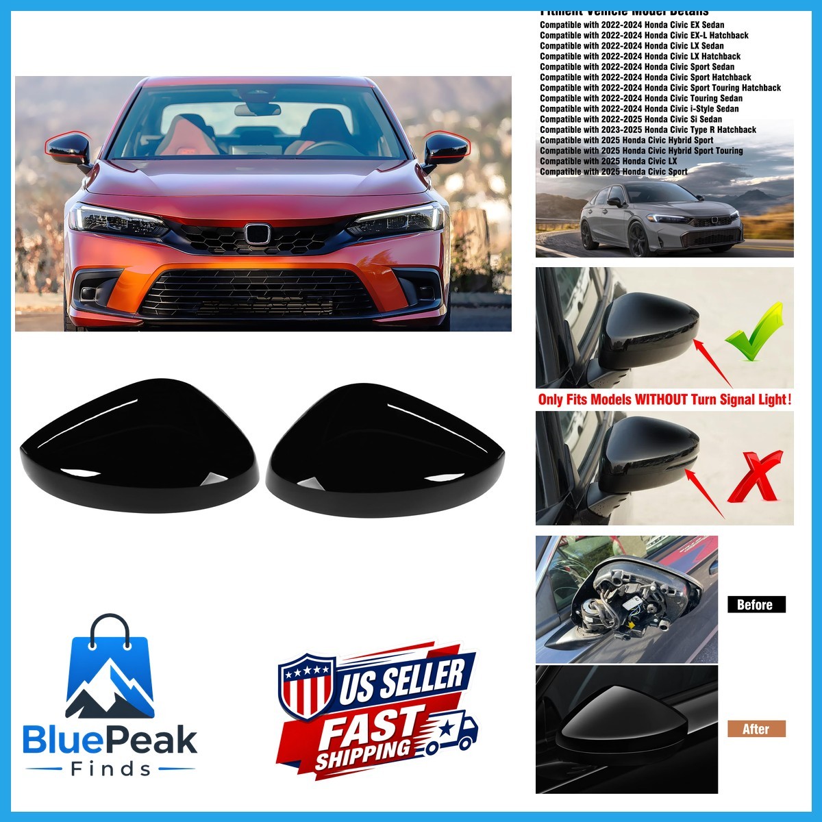 Moonlinks For Honda Civic 2022-2025 LX EX EX-L Si Sedan Sport Mirror Cover