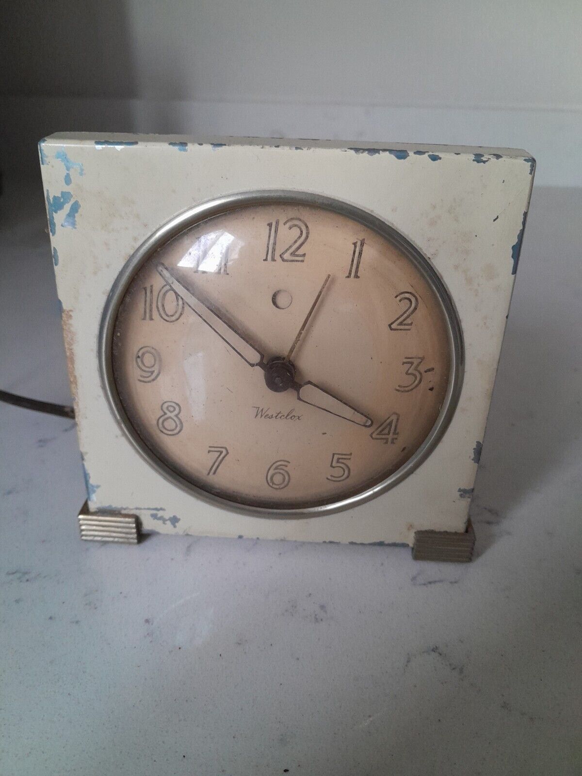  VTG 1940's White Metal Art Deco Westclox Logan S5-F Electric Alarm Clock RETRO