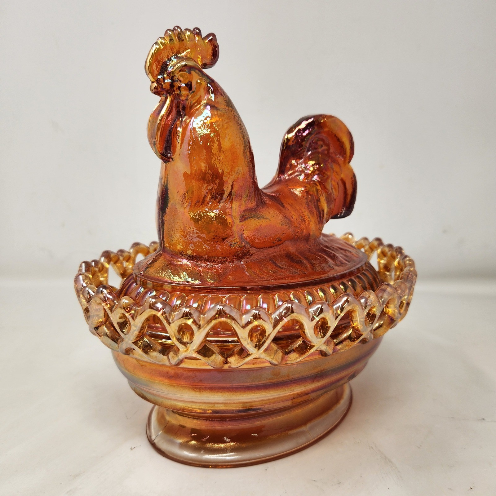 Imperial Glass Marigold Rubigold Carnival Glass Rooster Cockerel on Nest