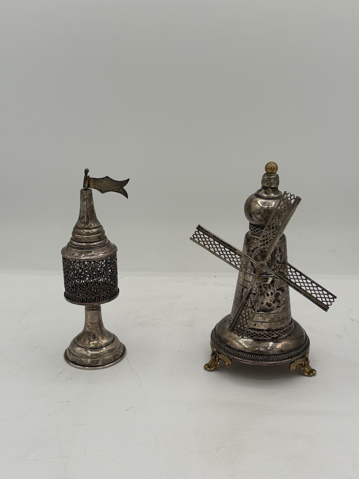 Silver Plated Filigree 5” Wing Mill Spice Box Tower Besamim Judaica Set of 2