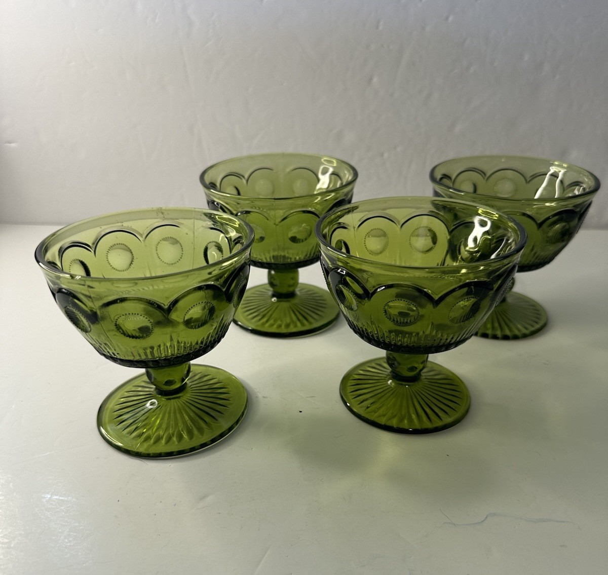 VTG Bartlett Collin Manhattan Bullseye Green Indiana Glass Dessert Dish Set Of 4