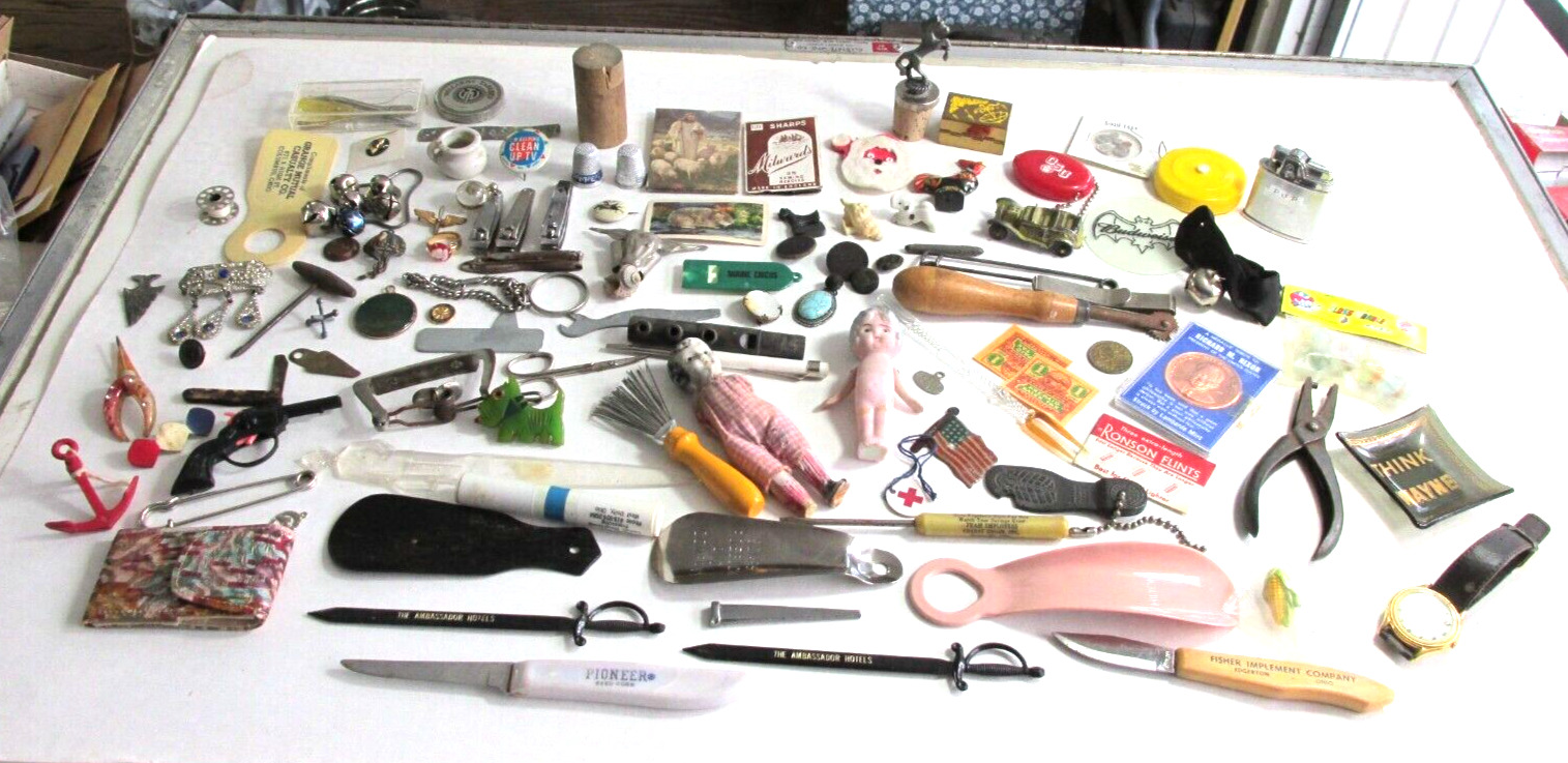 Vintage Junk Drawer Lot, over 100 items, Bakelite Dog Pin, MM Watch, Pep Pinback