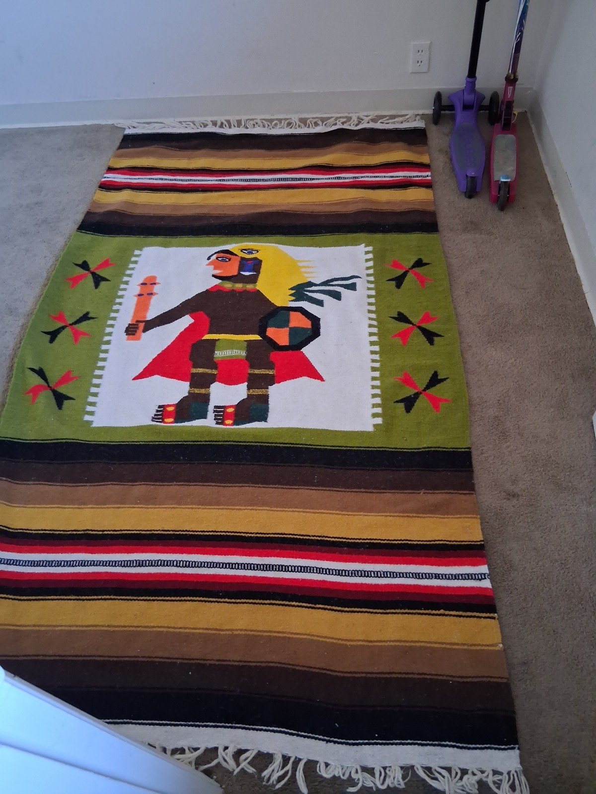 Vintage Hand Woven Aztec Warrior Native Mexican Wool Rug,. 87\ Vintage Hand Woven Aztec Warrior Native Mexican Wool Rug,. 87\
