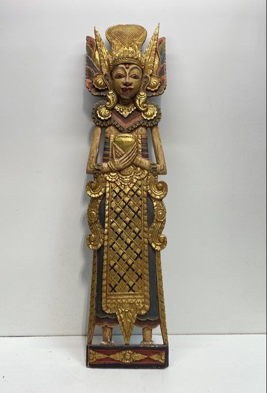 Balinese Deity Hand Carved Wood Wall Panel Gilt Polychrome 40