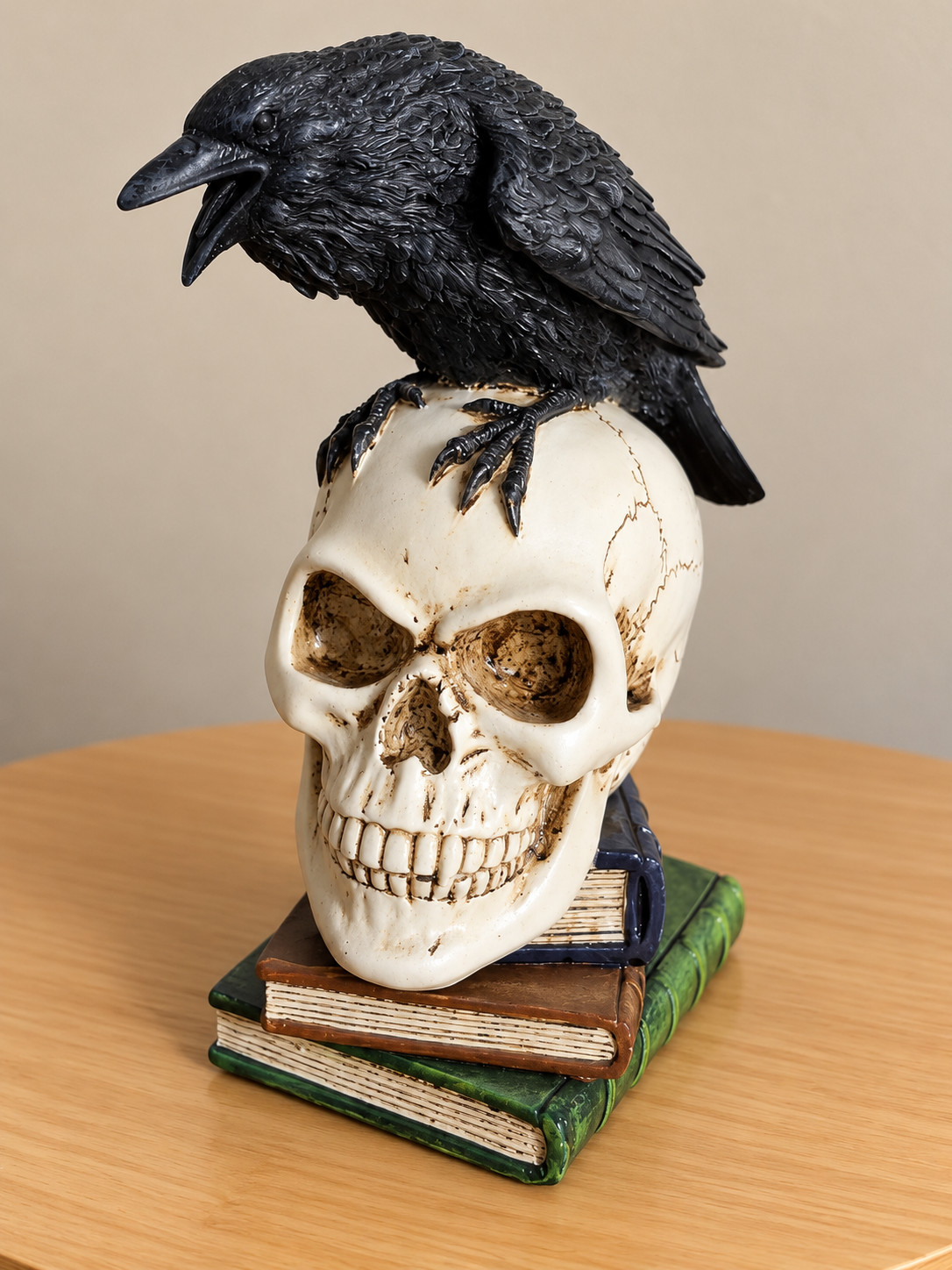 Gothic Raven Skull Statue on Books Dark Academia Macabre Halloween Decor
