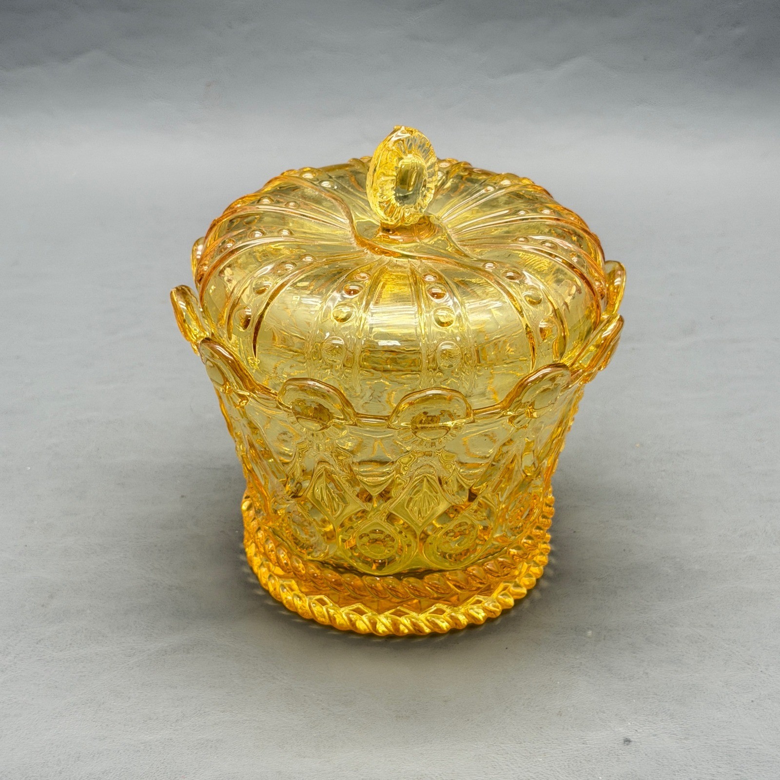 Fostoria Glass Crown Collection Gold Hapsburg Covered Candy Dish Yellow