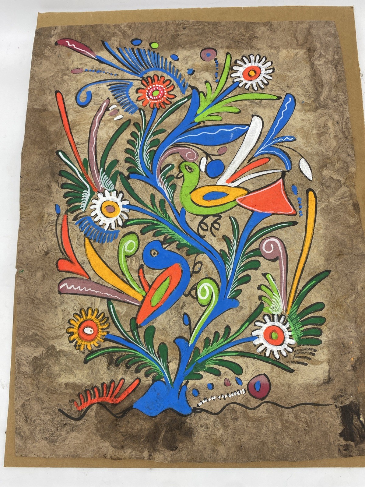 Hand-Painted Mexican Amate Bark Paper Art Bird Flowers Folk Painting 15”x12”