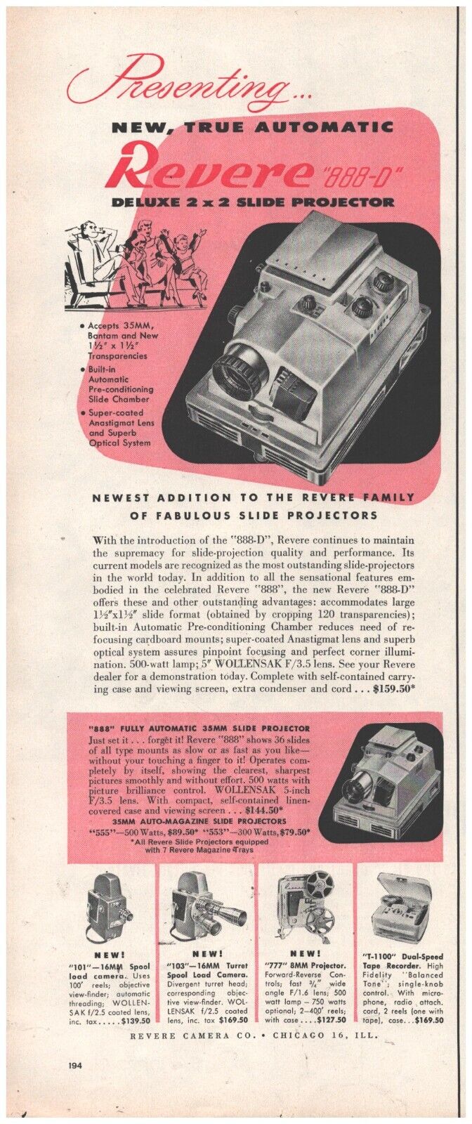 1956 Revere Slide Projector Vintage Original Magazine Print Ad