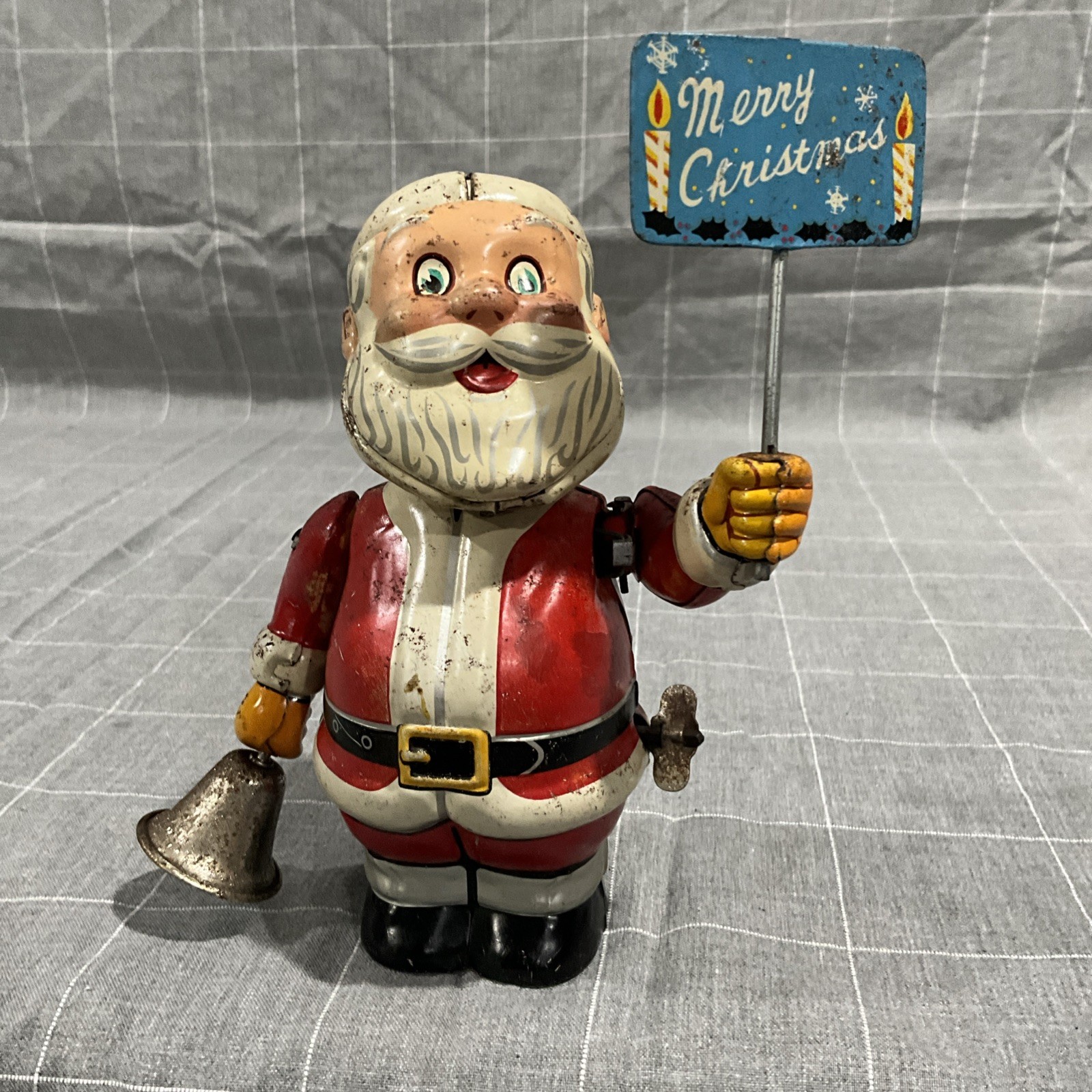 Vtg 1950s Nomura TN Nikko Kogyo Tin Litho Wind Up Santa Bell Ringer Toy Working