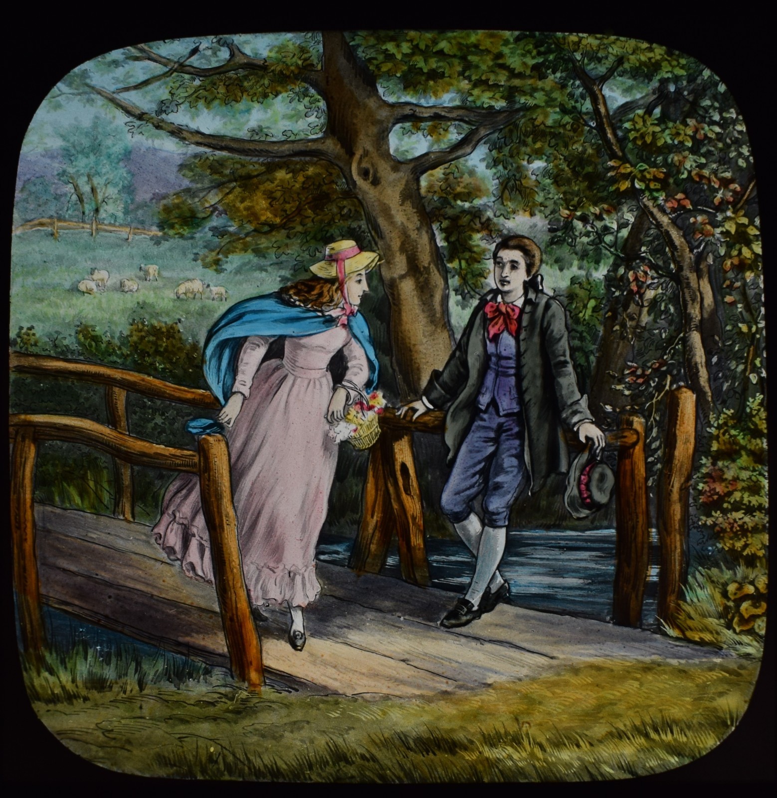 Glass Magic Lantern Slide YOUNG GEORGIAN COUPLE ON BRIDGE C1890 DRAWING LOVERS