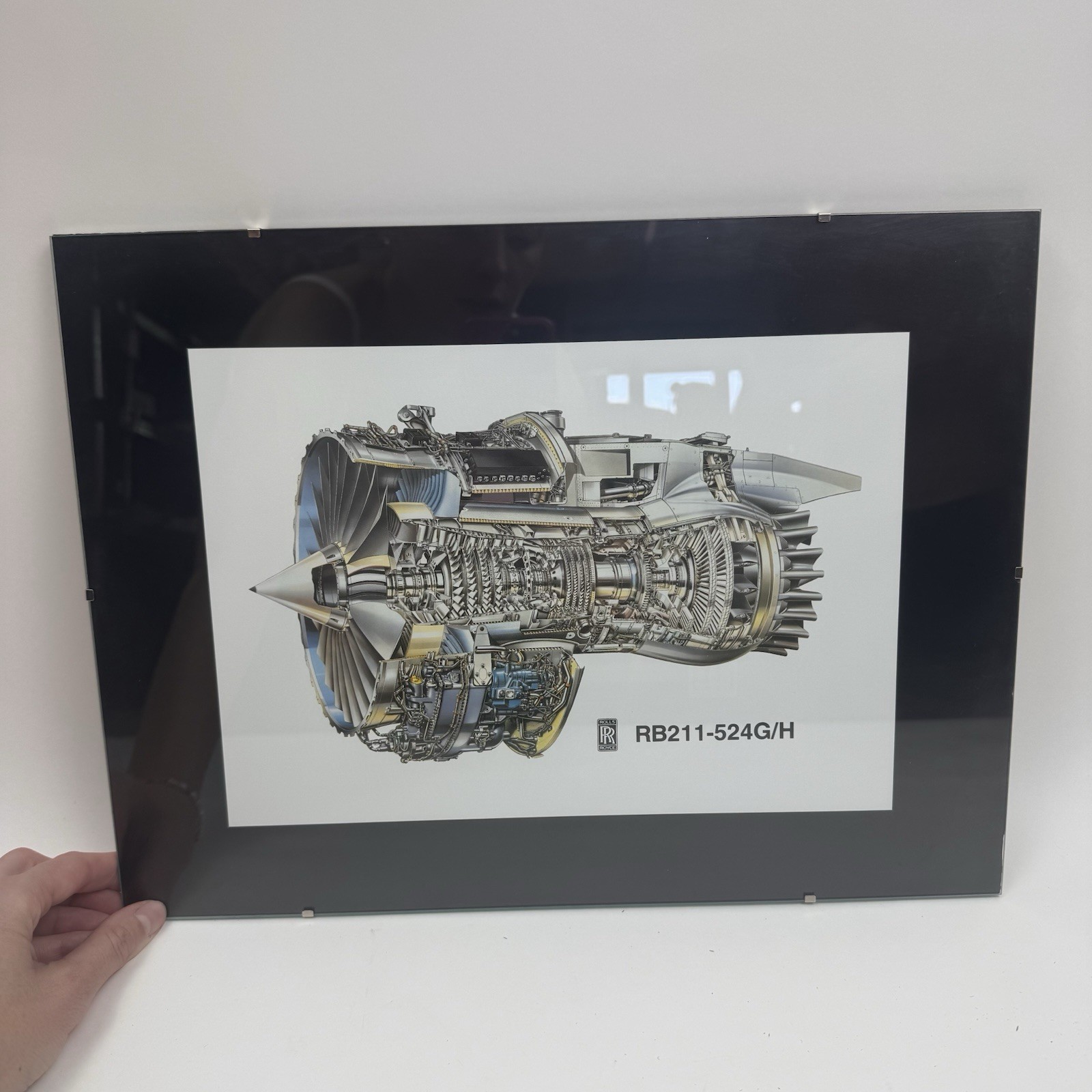 VINTAGE ROLLS ROYCE RB211-524 JET ENGINE CUT AWAY POSTER GLASS FRAME FROM GERMAN