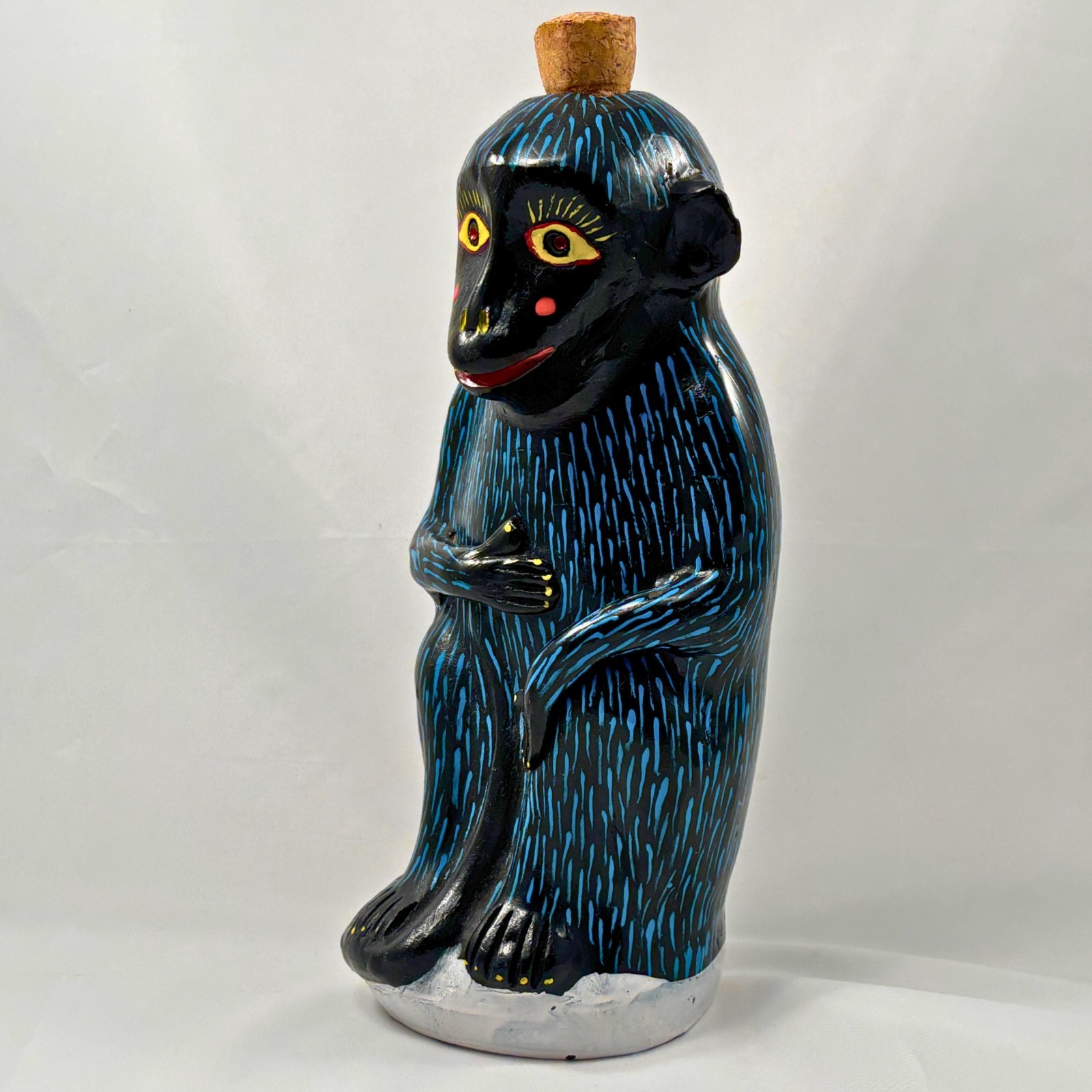 Mexican Hand Painted Monkey Oaxaca Pottery Mezcal Bottle Figural Ceramic w Cork