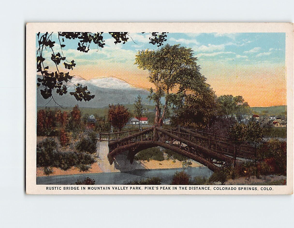 Postcard Rustic Bridge Mountain Valley Park Pike\'s Peak Colorado Springs CO USA