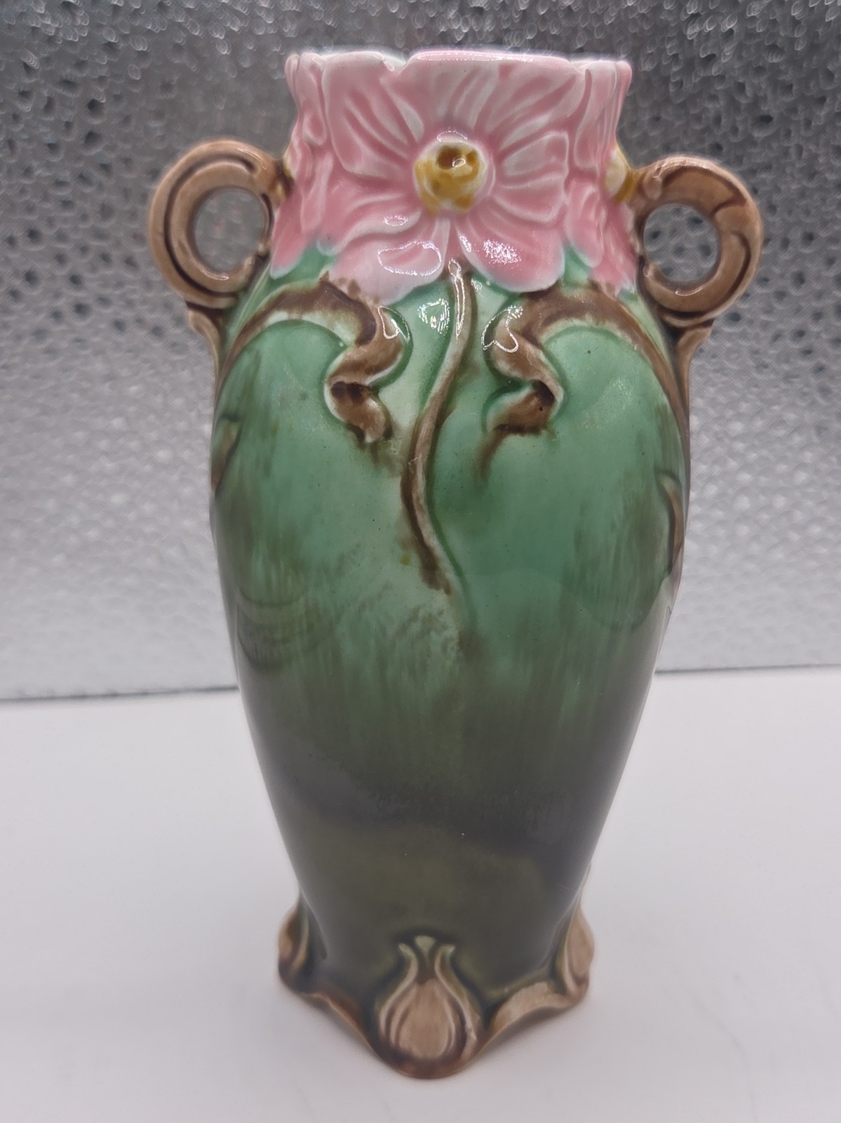Vintage Art Nouveau Majolica Floral Pottery Bud Vase 5” France Pink Green
