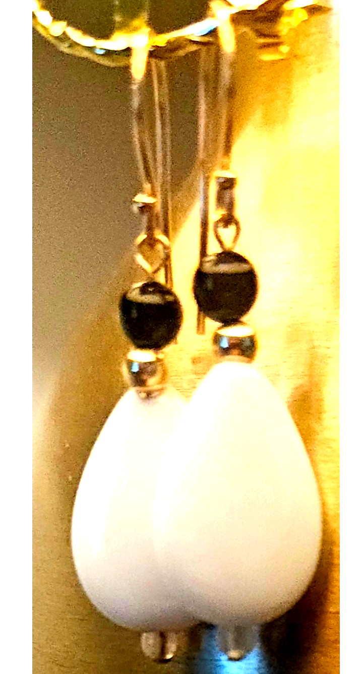 14K SOLID Gold Dangle Natural White Agate Obsidian & Gold Bead Teardrop Earrings