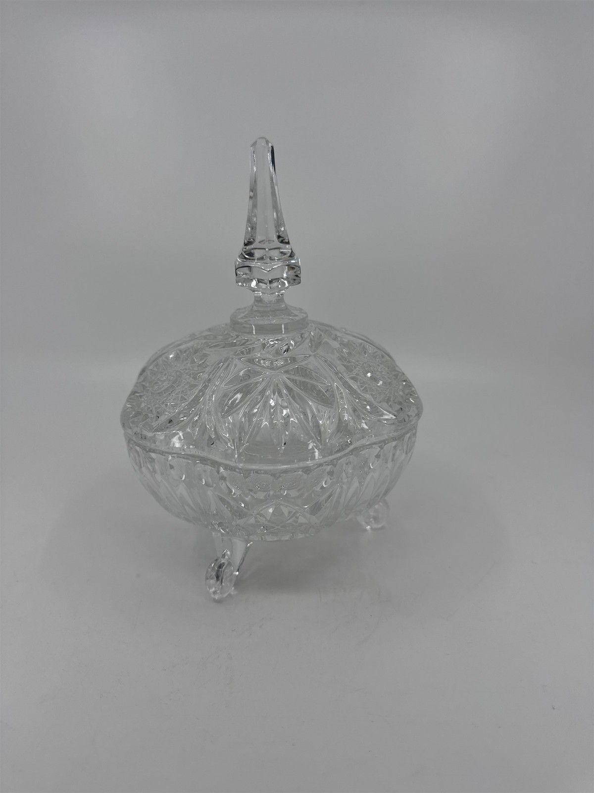 Vintage Hand Cut Glass Lead Crystal Covered Candy Dish Patterns Steeple 8
