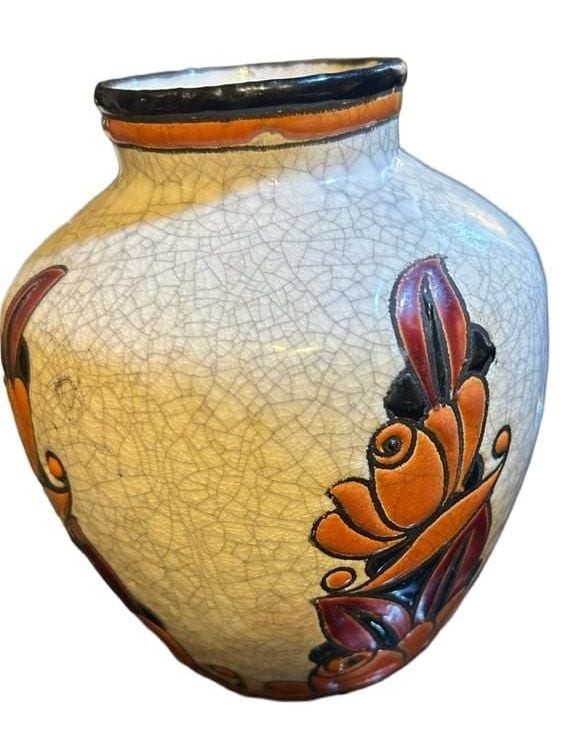 Boch Frères Keramis Vase D.1065 Art Deco Stylized Flowers