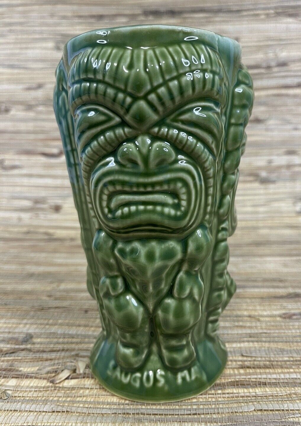 Kowloon Bamboo Tiki Mug 3 Different Tiki Guys Green Glaze 2018 Saugus Mass 1950