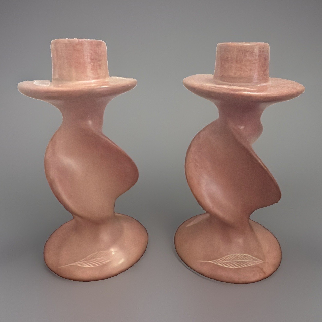 Vintage Pair of Pink/Rust Soapstone Candle Holders Carved Spiral Feather Design