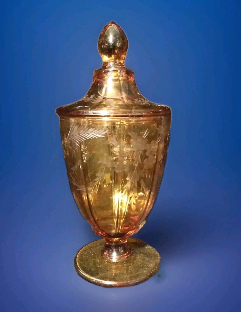 Amber Glass Footed Candy Dish Floral Etched Urn w/ Lid Vintage 8.5”H Amber Glass Footed Candy Dish Floral Etched Urn w/ Lid Vintage 8.5”H