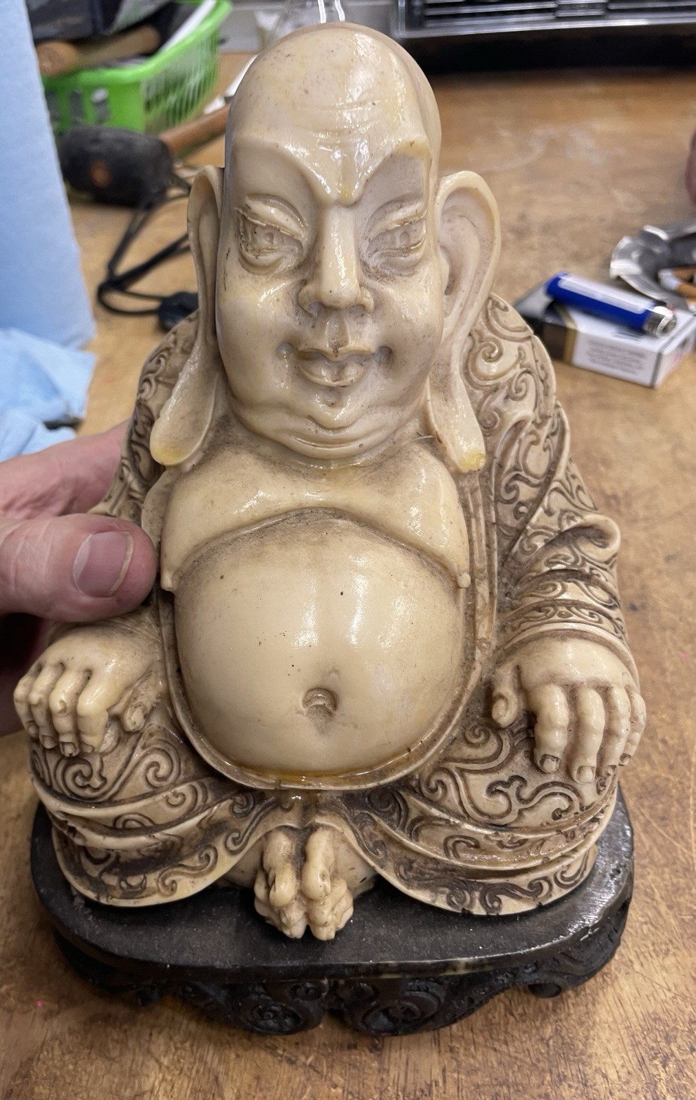 Heavy Stone Composite Happy Smiling Buddha Statue 9” Carving Resin VTG