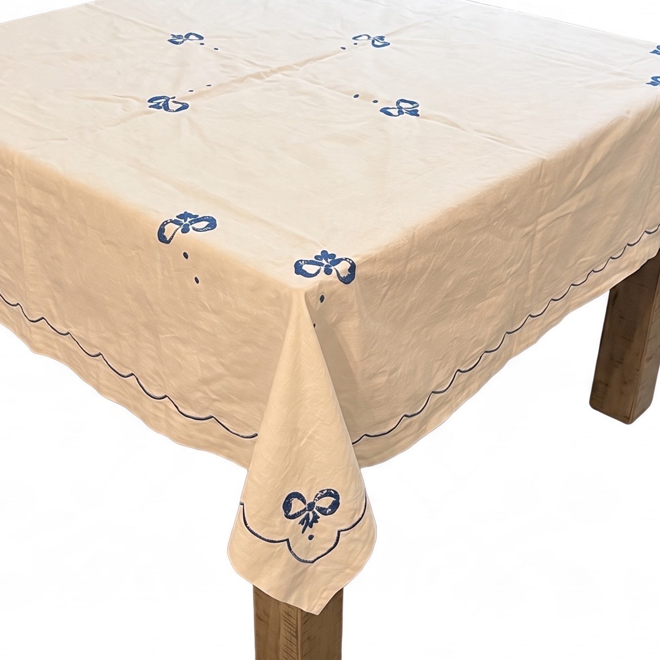 Vintage Hand Embroidered White Tablecloth 41x41 Blue Scalloped Crest Bow