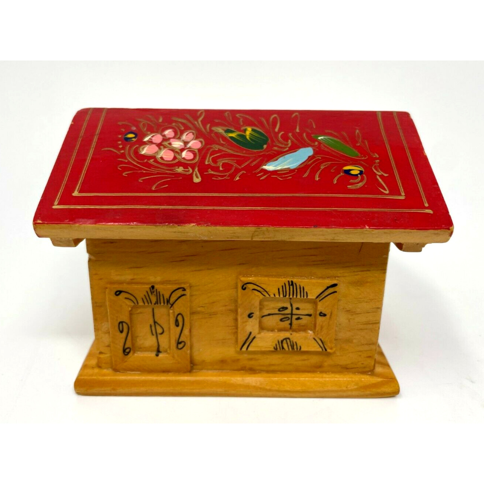 Vintage Wood Cottage Trinket Box, Hinged Lid, Hand Painted House, Red Roof Vintage Wood Cottage Trinket Box, Hinged Lid, Hand Painted House, Red Roof