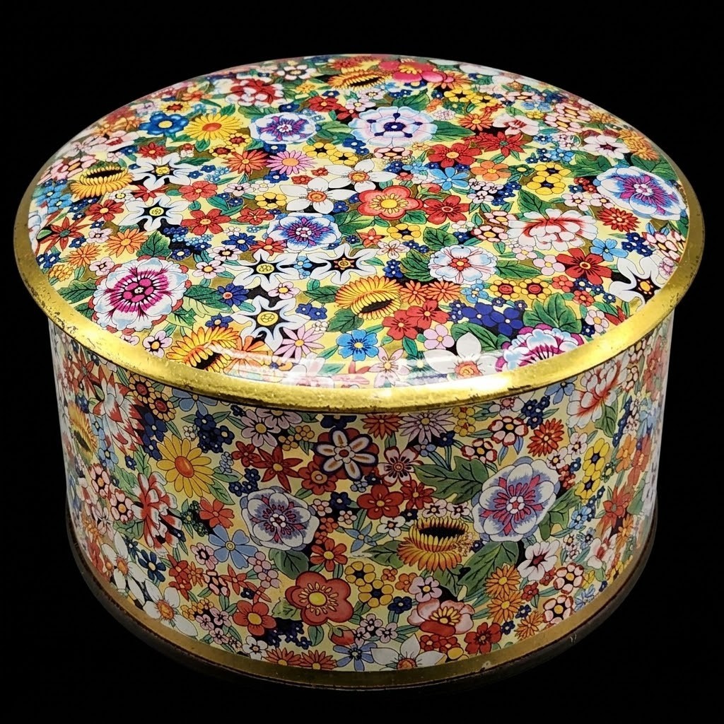Vtg Daher Floral Chintz Tin Biscuit Wildflower Garden Gold Yellow England Read