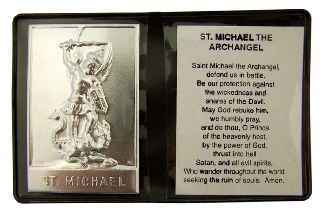 Metal Patron Saint Michael Plaque with Prayer in Leatherette Folder, 2 1/4 Inch