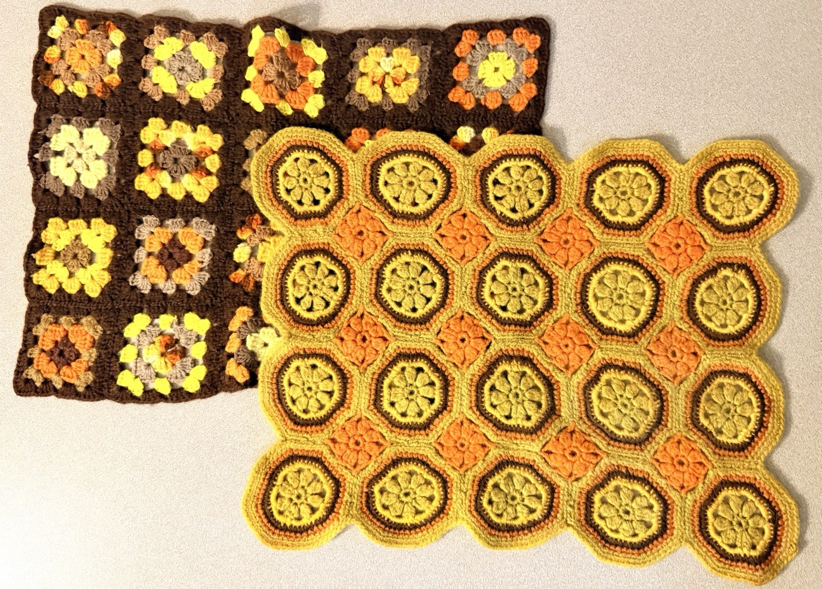 VTG 70s Crochet Placemat Set 2 Granny Square Flower Power Orange Brown Yellow