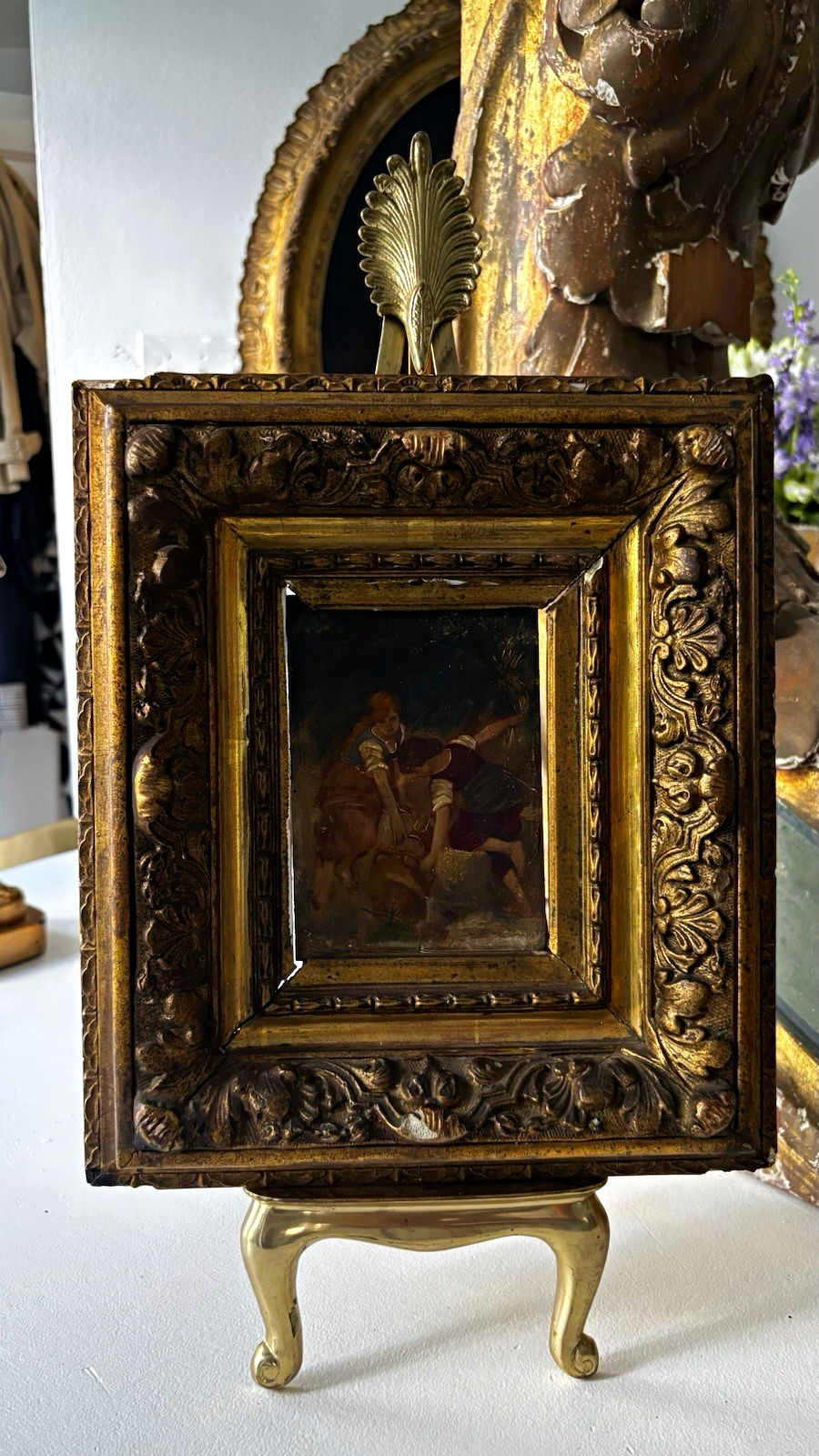 19th cent.Gilt Wood Baroque Floral Tabletop Painting Portrait 2 Women Landscape