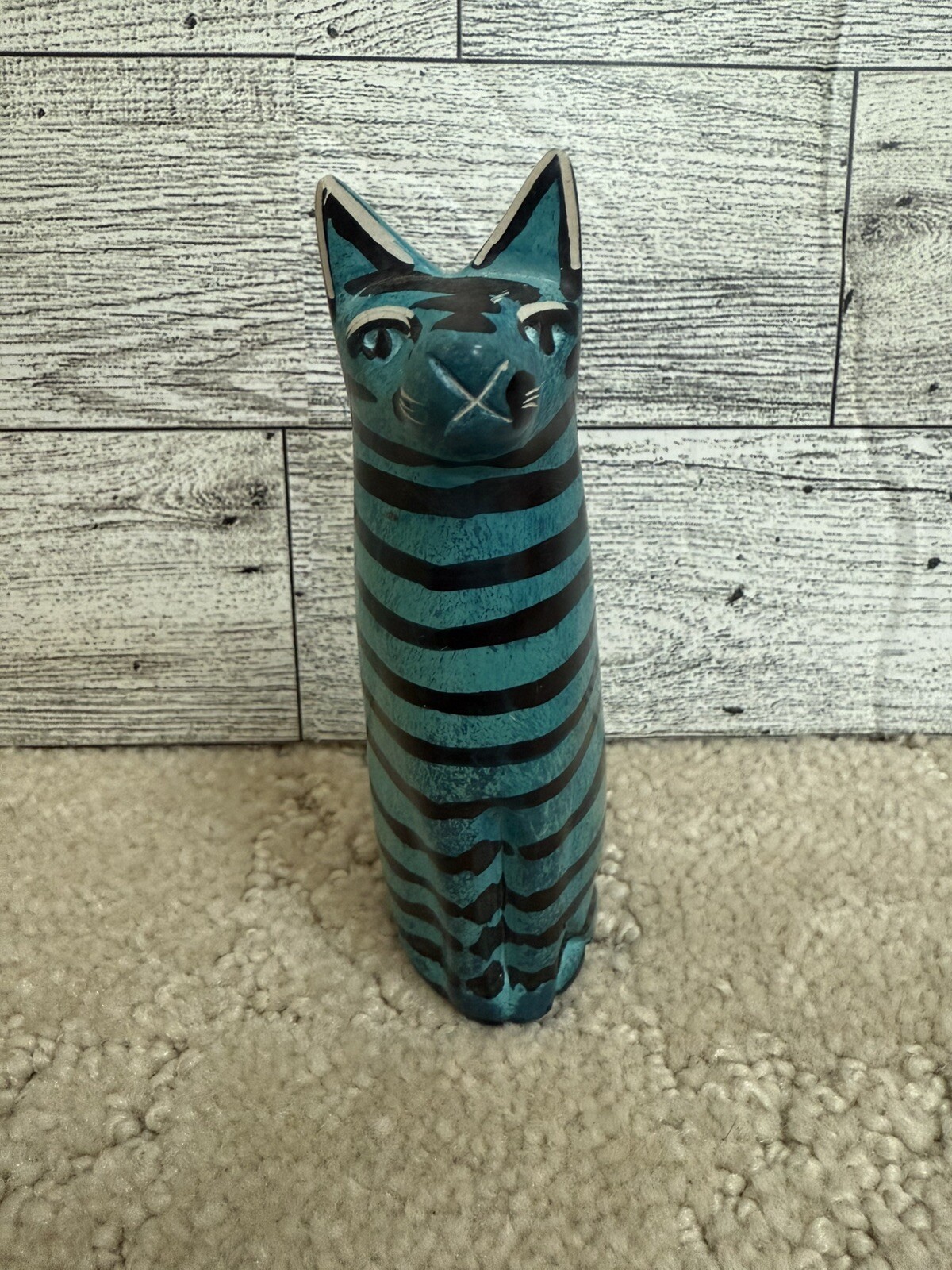 Mexican Hand Carved stone featuring blue cat Statue measures  4 inches