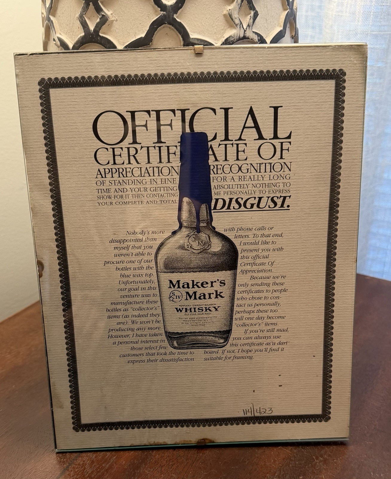 *Rare* Maker’s Mark Official Certificate Of Appreciation -  Blue Wax Bottle