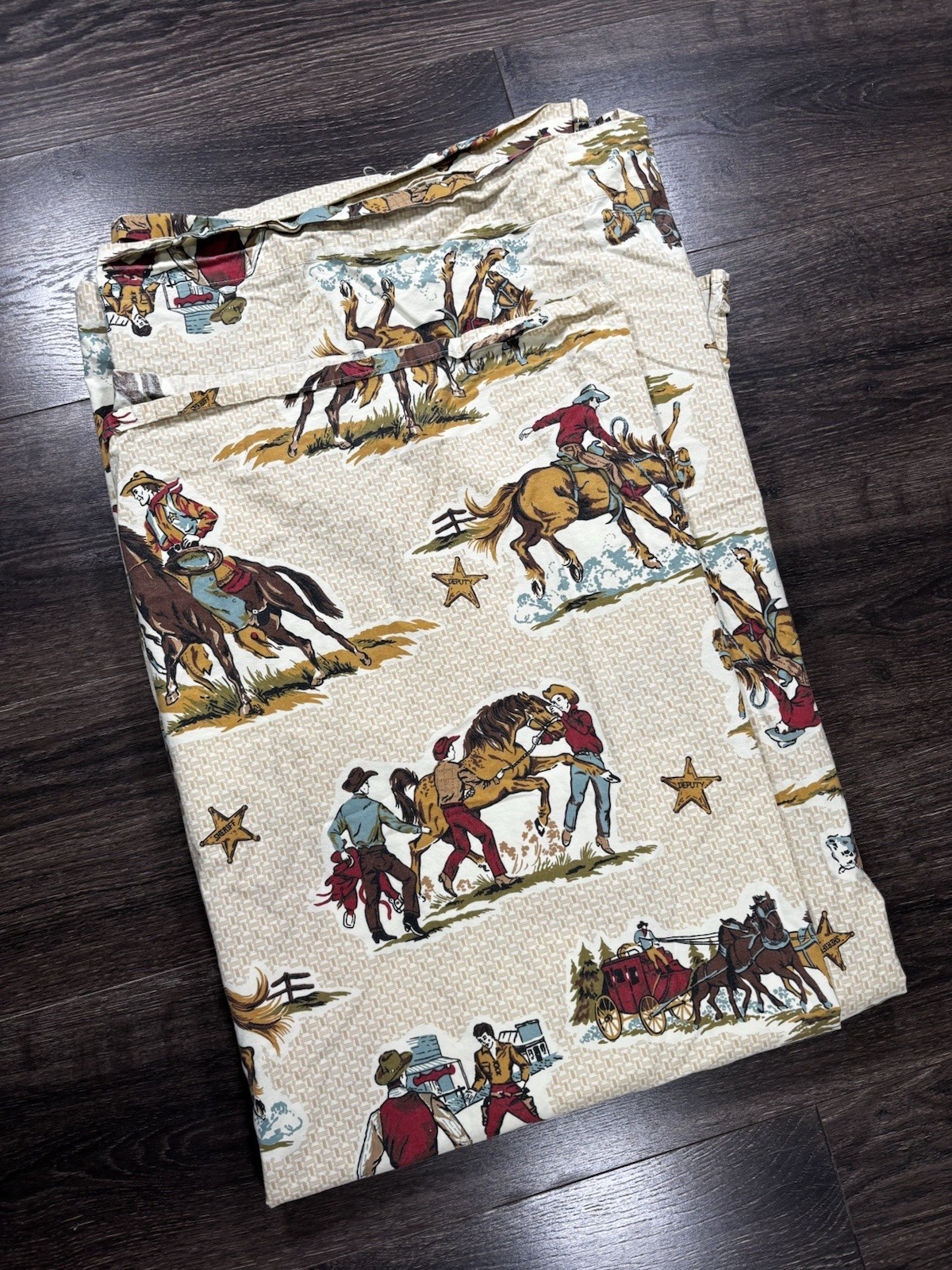 Vtg The Company Store Western Cowboy Standard Twin Flat Sheet Portugal CLEAN