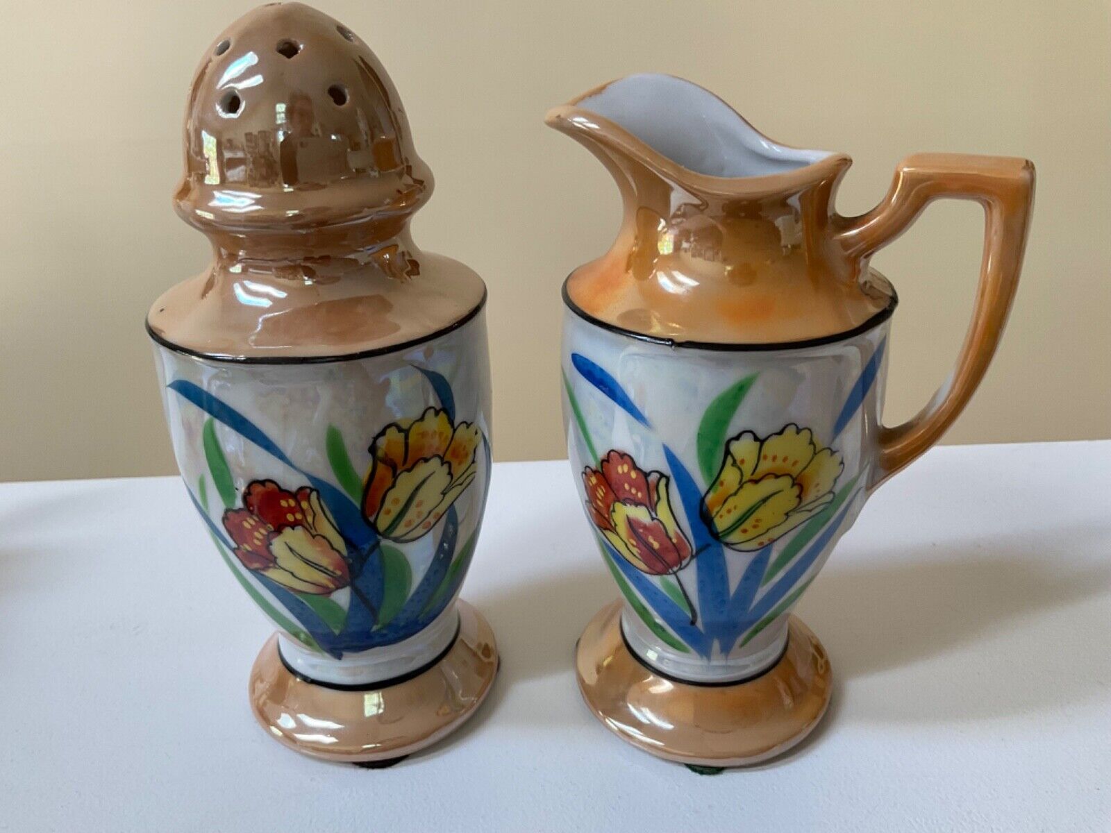 Vintage Peach Luster Hand Painted Muffineer or Sugar Shaker & Pitcher set