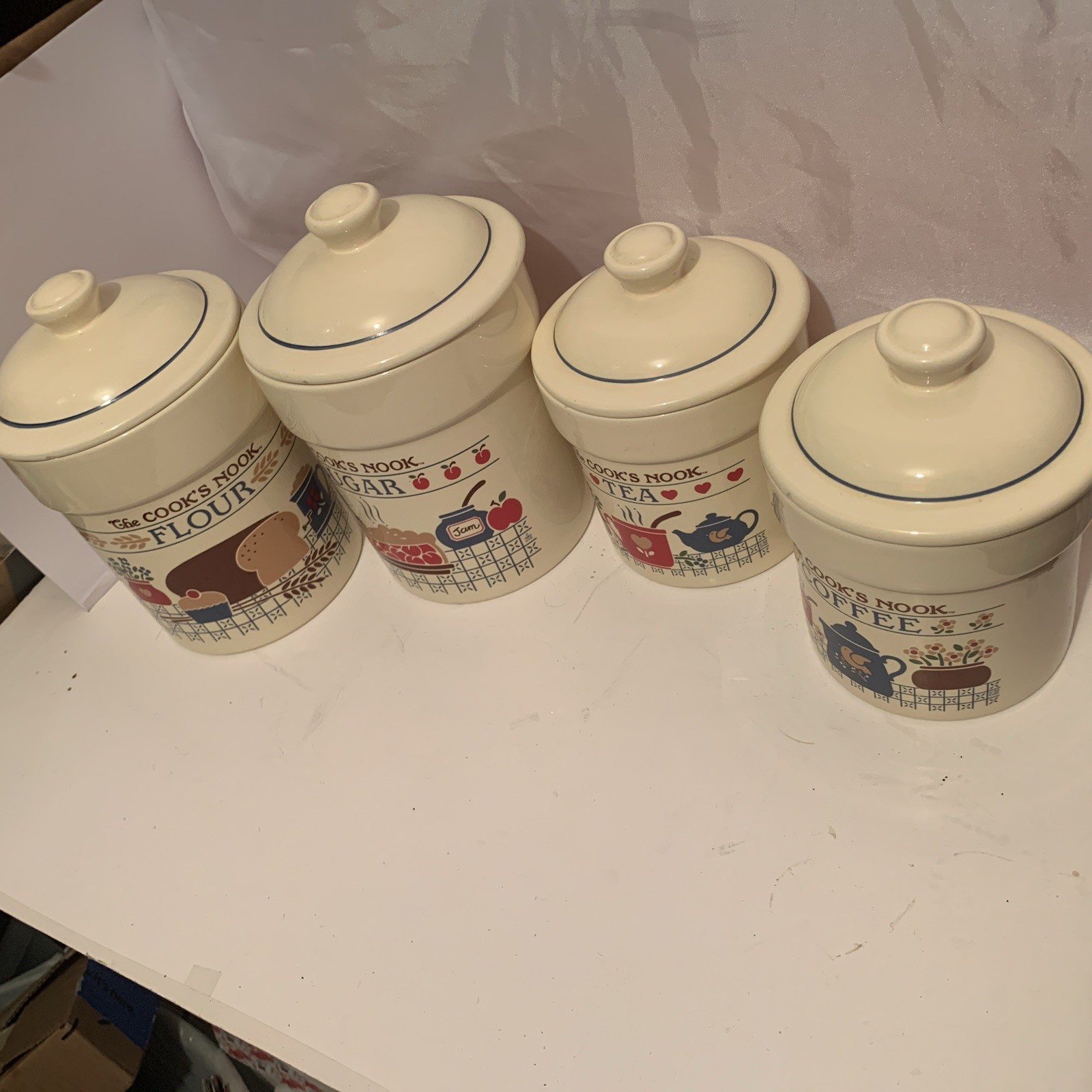Mint Vtg Treasure Craft The Cook\'s Nook 4-Piece Canister Set 1980s Farmhouse Mint Vtg Treasure Craft The Cook\'s Nook 4-Piece Canister Set 1980s Farmhouse