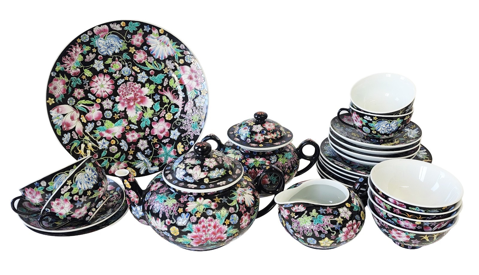 VTG Chinese Export Famille Noir Millefleur Jingdezhen Porcelain Tea Set 26 Pcs
