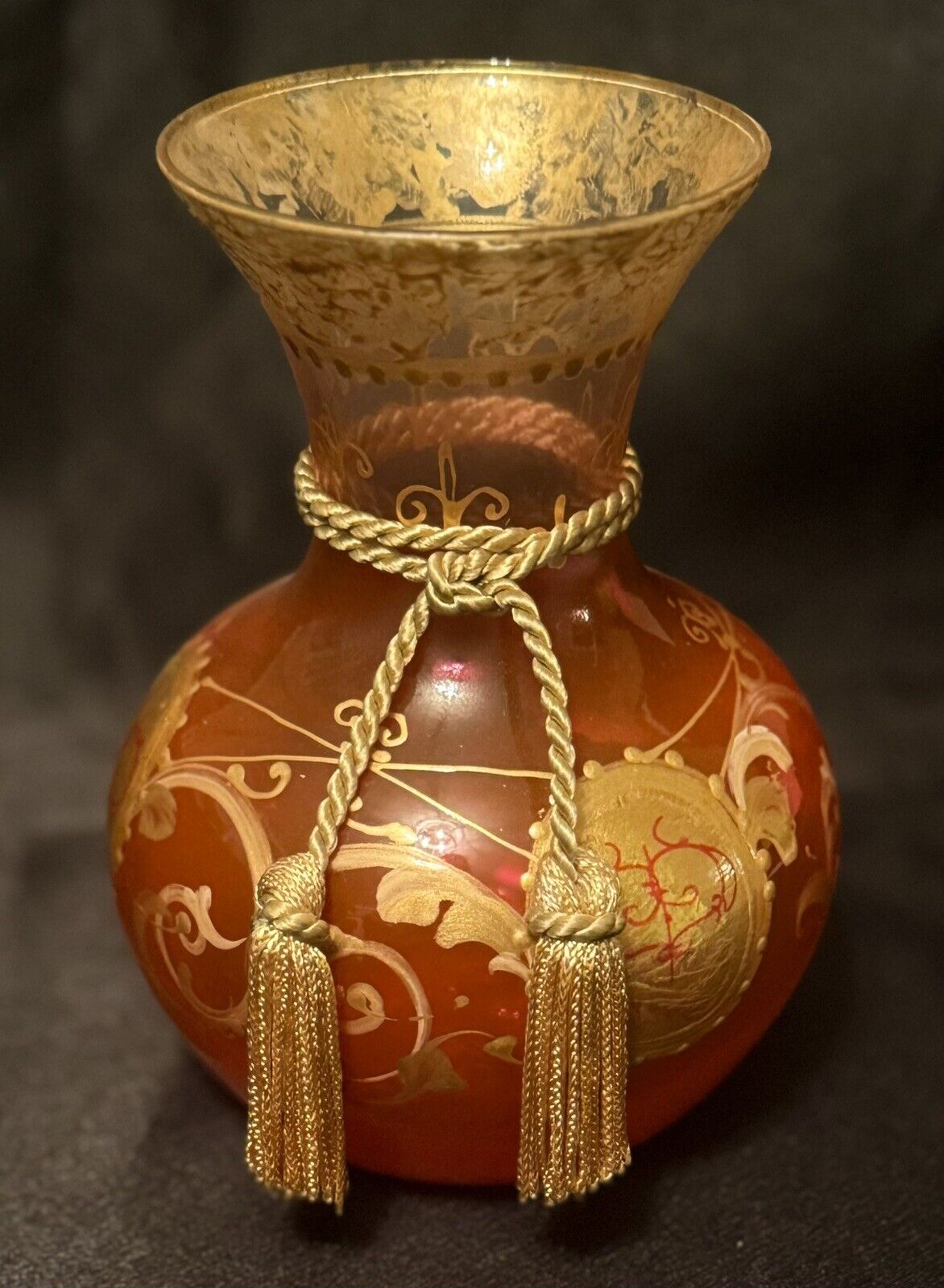 Vintage Bohemian Glass Hand Painted Vase With Gold Tassel Diana Goilagova Signed