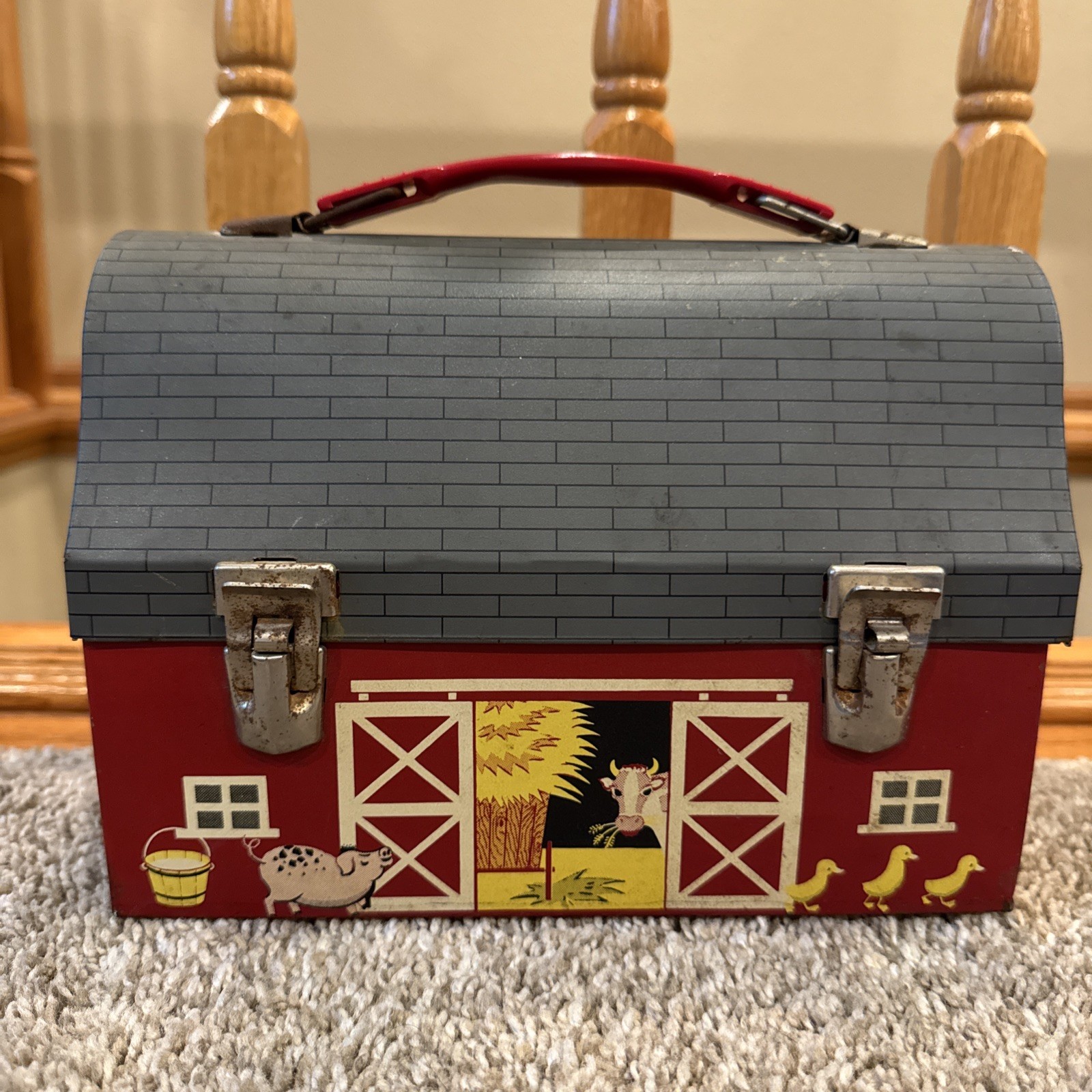 Vintage Red Barn Open Door Dome Top Metal Lunchbox From 1950’s No Thermos