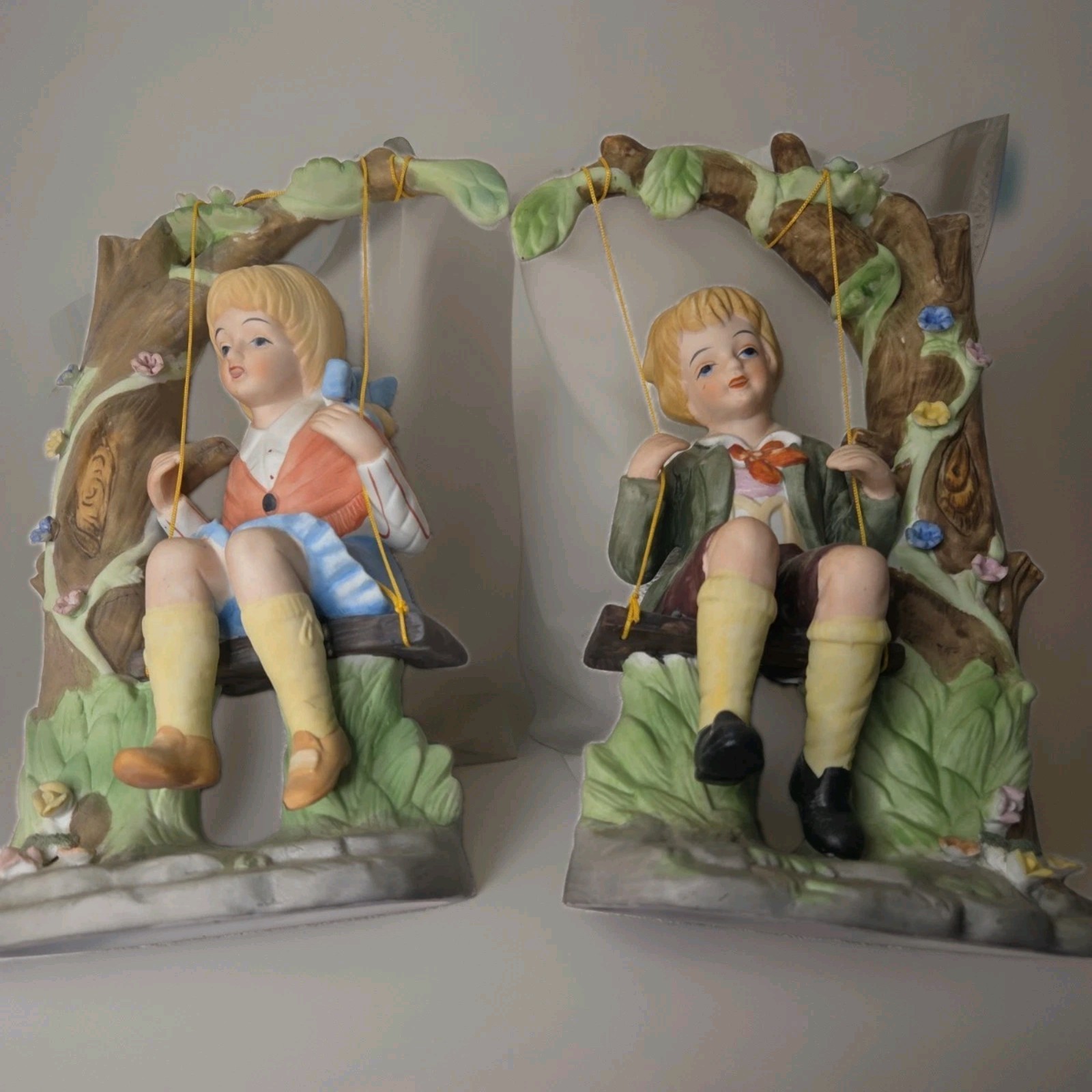 Vintage Lenwile Ardalt Porcelain Boy and Girl on Tree Swing Figurines Pair 9”