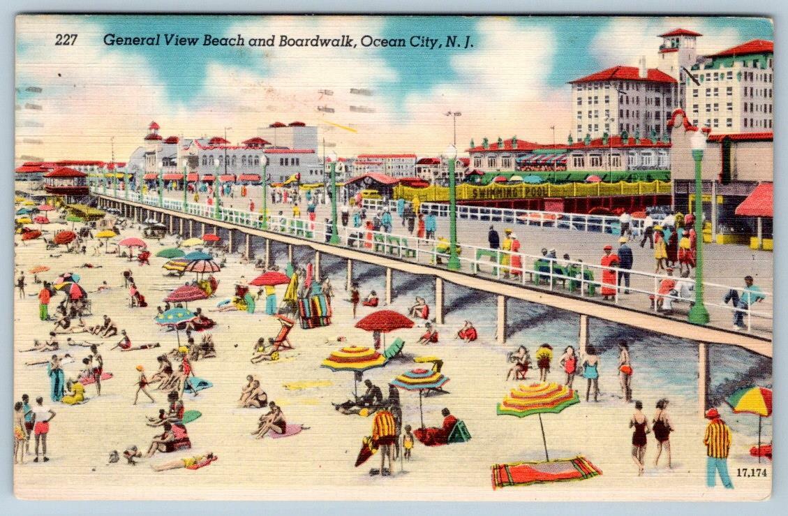 1951 OCEAN CITY NEW JERSEY GENERAL VIEW BOARDWALK & BEACH VINTAGE LINEN POSTCARD