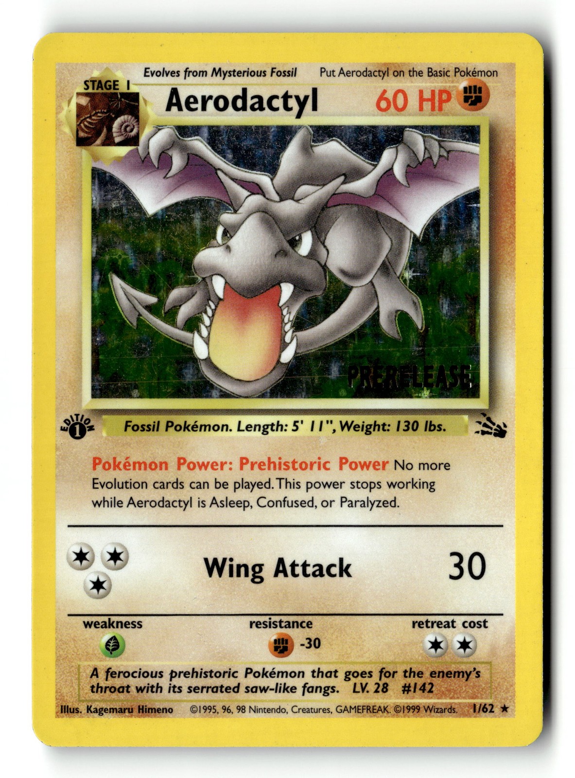 Pokemon Card Aerodactyl Prerelease Stamped 1/62 Holo 1st LP