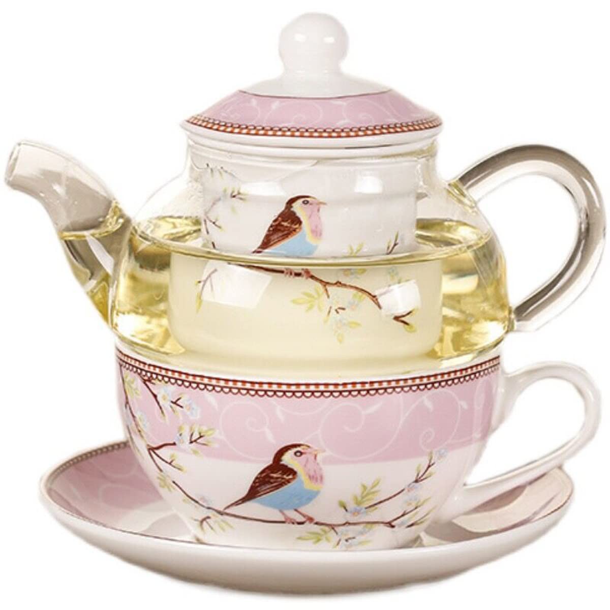 Tea for One Set, Glass Teapot with Porcelain Infuser Strainer and Cup & Saucer-