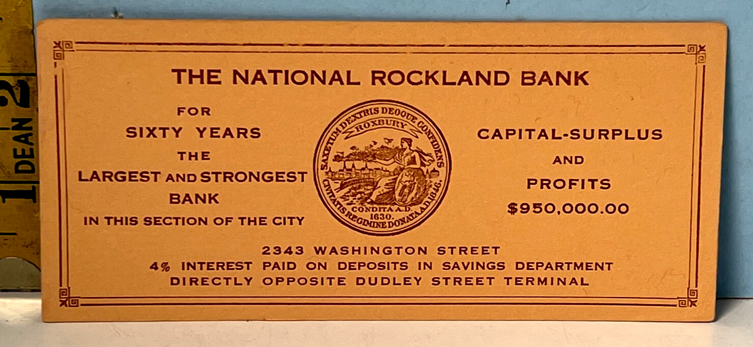 The National Rockland Bank Small Blotter Card Opposite Dudley Street Terminial