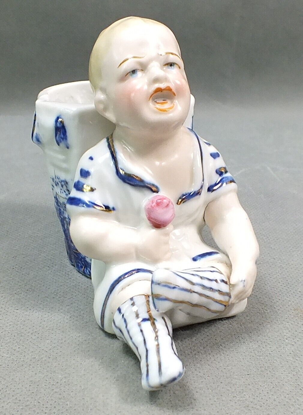 Antique BISQUE Hand Painted BABY BOY LOLLIPOP Crying MATCH TOOTHPICK HOLDER