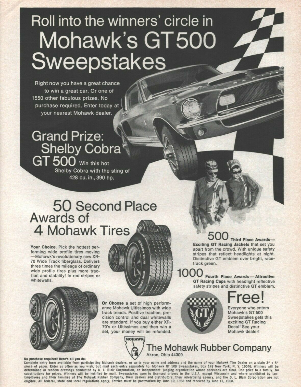 1968 Mohawk GT500 Sweepstake Shelby Cobra Tires Akron OH Vintage - Automobile Ad 1968 Mohawk GT500 Sweepstake Shelby Cobra Tires Akron OH Vintage - Automobile Ad