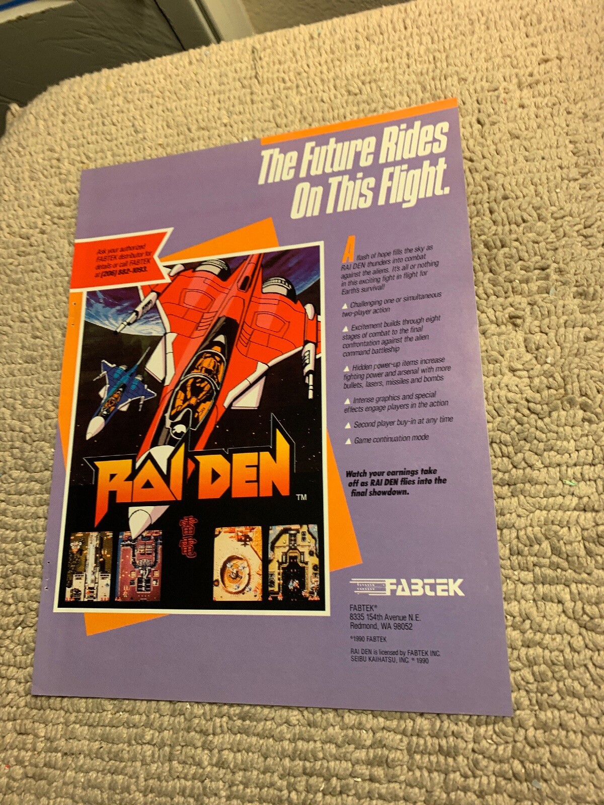 ORIGINAL 1990 11- 8 1/4” Raiden Fabtek Seibu arcade video game AD FLYER