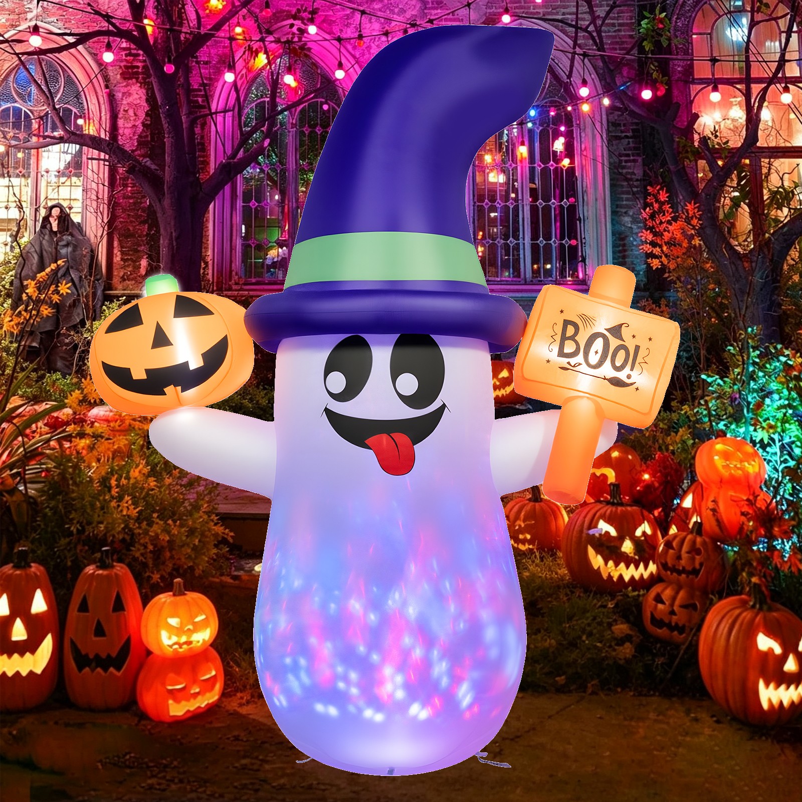 5FT Cute Halloween Inflatables Ghost for Garden, Blow Up Wizard Ghost w/ Pumpkin
