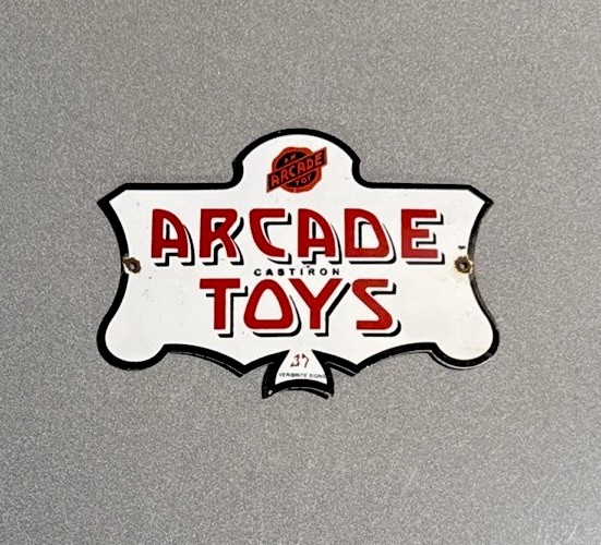 VINTAGE 1937 ARCADE TOY VERIBRITE PORCELAIN SIGN CAR GAS MOTORCYCLE OIL TRUCK