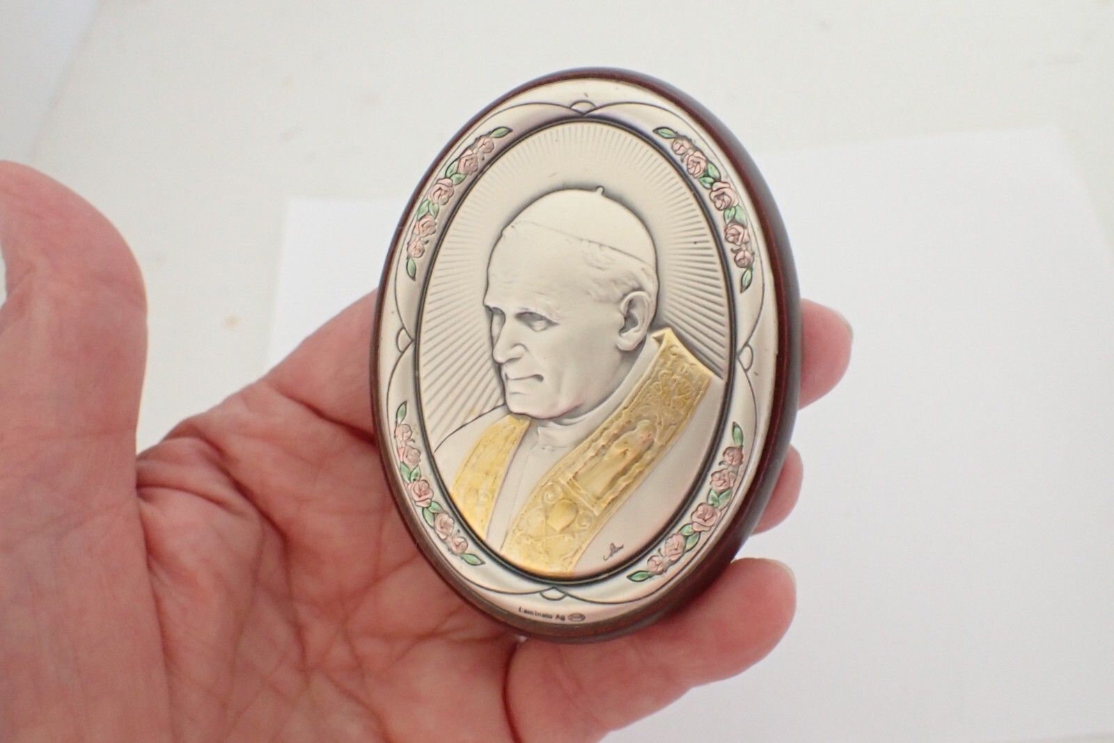 Sterling Silver Religious Plaque St John Paul II Laminato AG On Cherry Wood